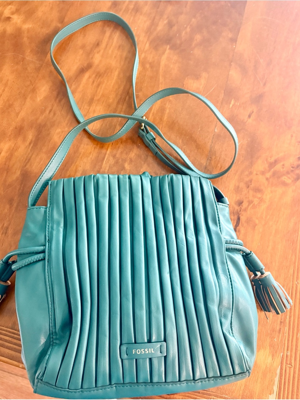 Fossil Teal Pleated Crossbody Bag with Tassels